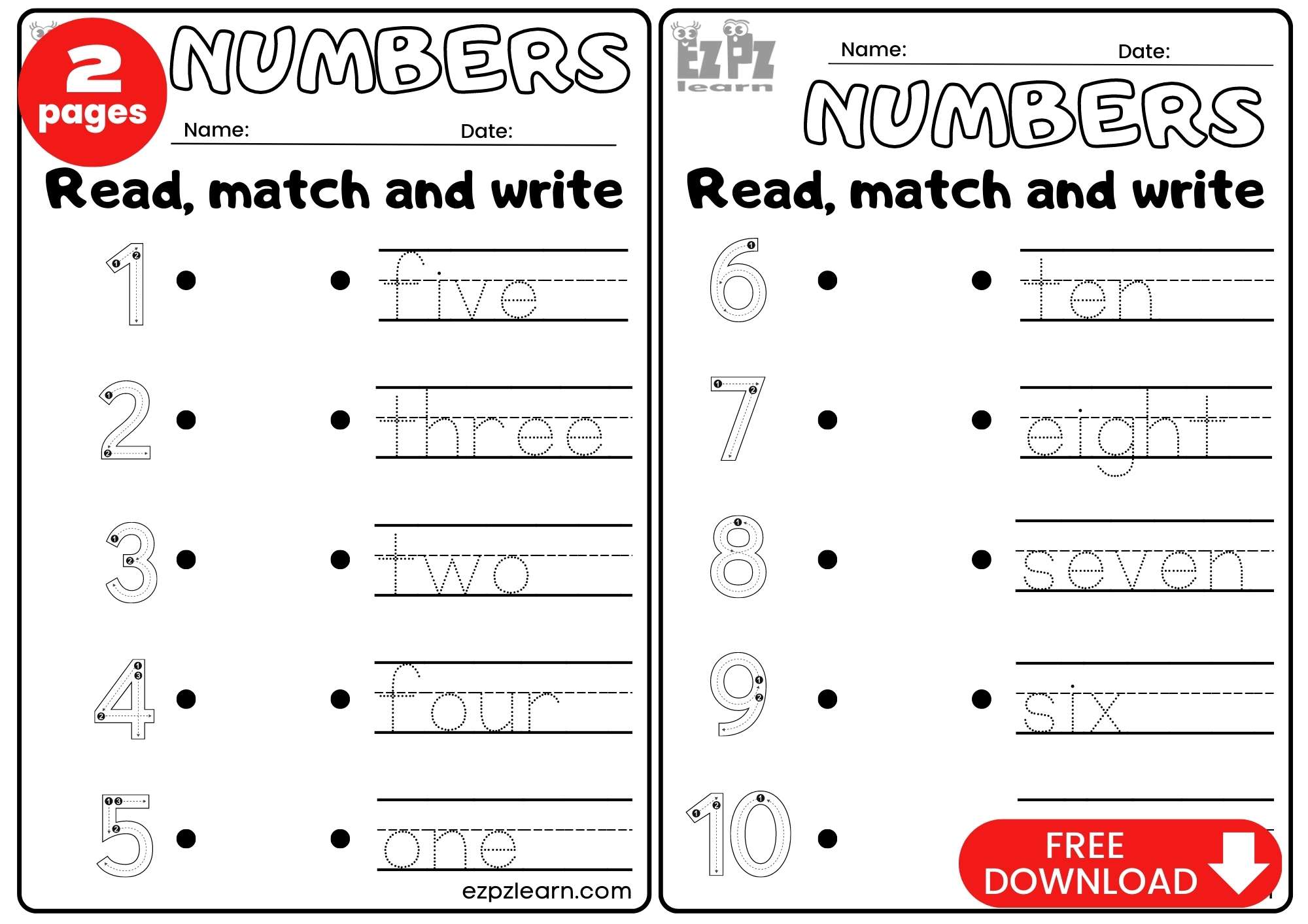 Numbers 1 to 10 Read, Match and Write Worksheet PDF Download